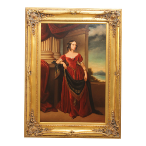 Artist Signed Portrait of Lady in Red Dress Painting on Canvas