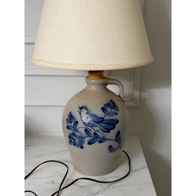 Blue Vintage Rowe Pottery Works Salt Glazed Stoneware Cobalt Blue Bird Jug Table Lamp 25" For Sale - Image 8 of 18