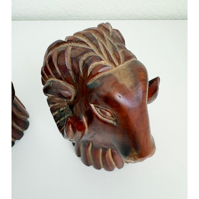 Brown Carved Wood Rams Head Bookends by Sarreid Spain 1970s - A Pair For Sale - Image 8 of 11