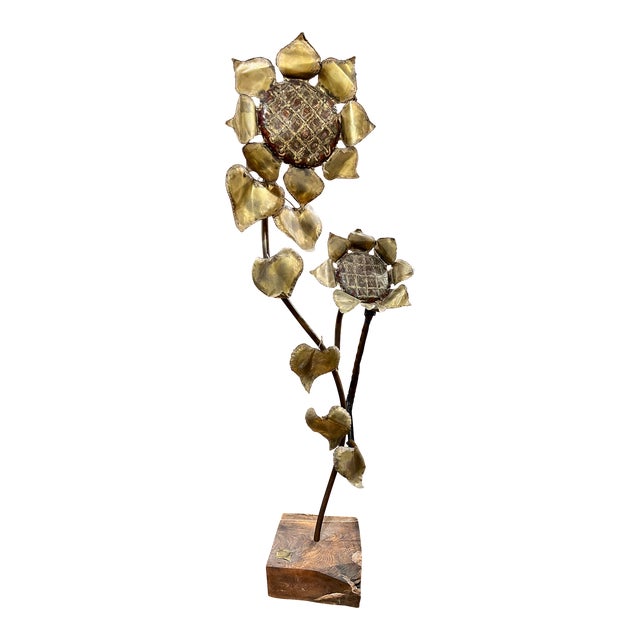 Monumental Brutalist Copper, Brass & Burl-Wood Sculpture of a Sunflower For Sale
