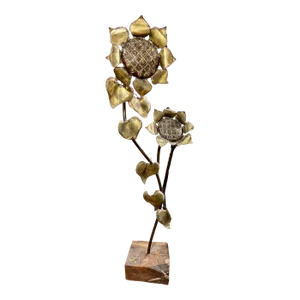 Monumental Brutalist Copper, Brass & Burl-Wood Sculpture of a Sunflower