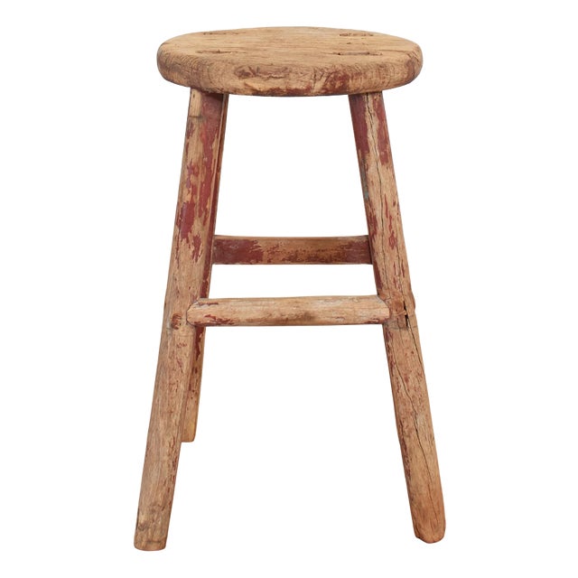 Antique Rustic Round Top Stool For Sale