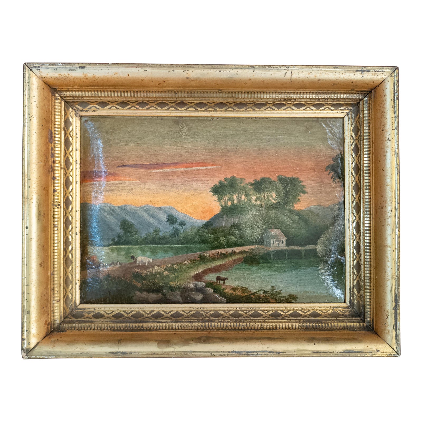 19th Century Luminist Folk Art Landscape Painting With Sunset | Chairish