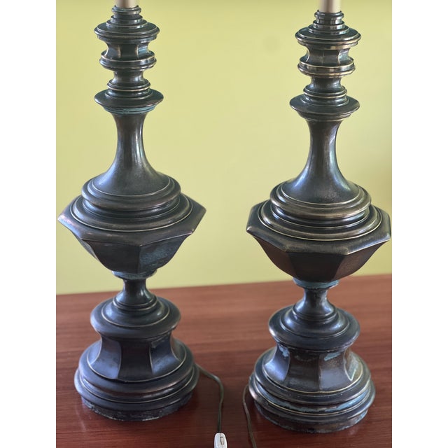 Mid 20th Century Large Brass Table Lamps With Deep Patina - a Pair For Sale - Image 4 of 10