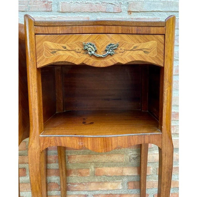 Vintage French Bedside Tables in Marquetry and Bronze Hardware, 1920, Set of 2 For Sale - Image 6 of 13