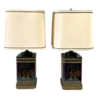 Mid 20th Century Pair Frederick Cooper Style Black Chinoiserie English Tin Tea Caddy Lamps With Original Shades For Sale