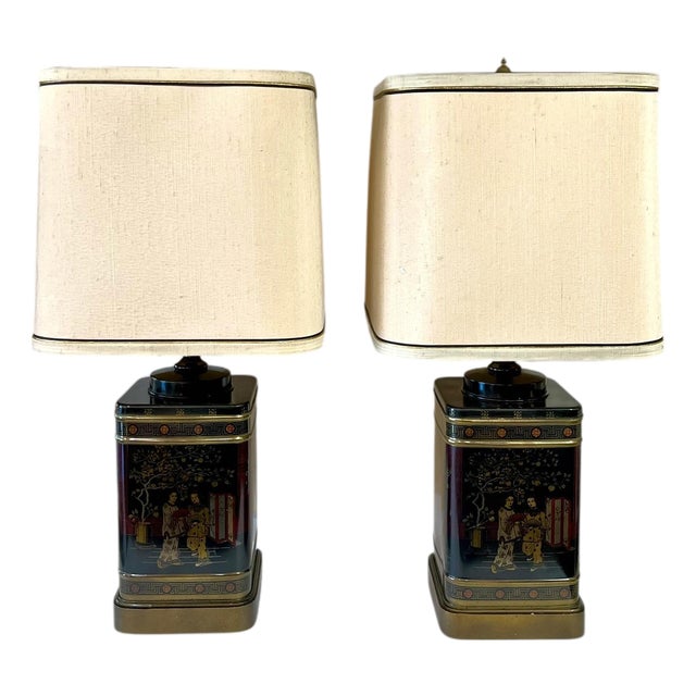 Mid 20th Century Pair Frederick Cooper Style Black Chinoiserie English Tin Tea Caddy Lamps With Original Shades For Sale