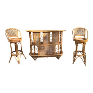 1970s Bohemian Bamboo Wicker Bar and Stools - a Pair For Sale
