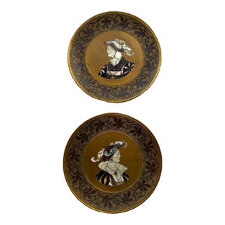 Kayser Sohn, Renaissance Figures – Pair of Decorative Inlaid Mother of Pearl and Tortoiseshell Corviniello Chargers 11 3/8", Dated 1884 For Sale