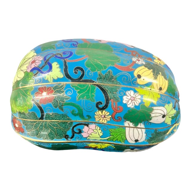 Vintage Oriental Chinese Cloisonné Squash Multicolor Vine & Floral Motif Box For Sale