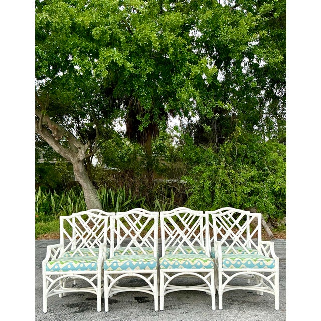 Wood Vintage Coastal Chinese Chippendale Rattan Dining Chairs - Set of 8 For Sale - Image 7 of 11