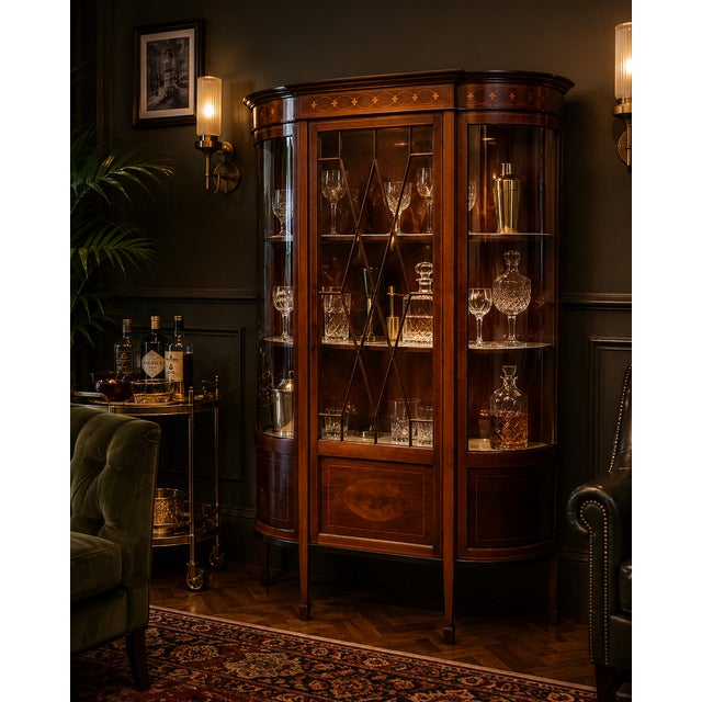 Antique Edwardian Mahogany Inlaid Bow-Ended Display Cabinet, 1900 For Sale - Image 14 of 15