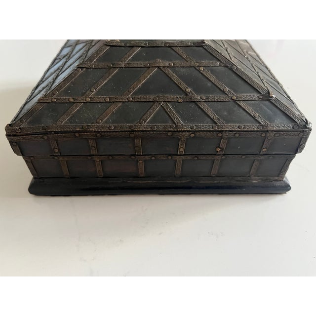 Vintage Wood Decorative Flip Top Trinket Storage Box With Metal Outside For Sale - Image 4 of 7