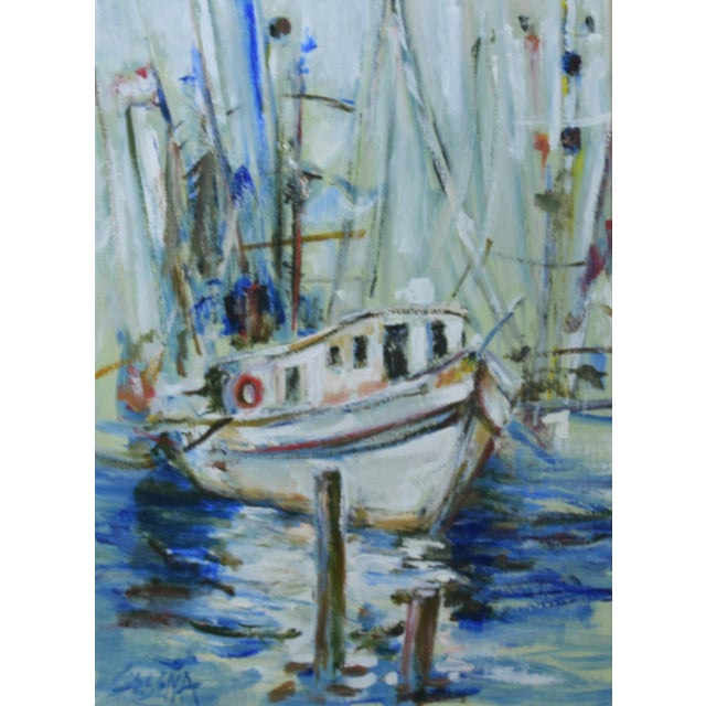 Vintage nautical sailboat in harbor oil painting on stretched canvas. The talented artist "Ed Cesena” signed the painting...
