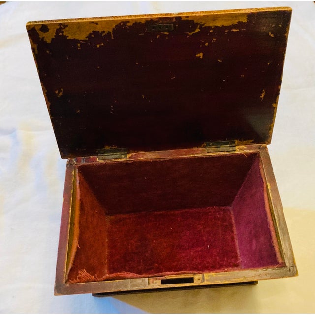 Wood Antique Mahogany Box With Pyrogravure Imperial German Eagle and Botanical Images on Five Sides Hinged Lid Fabric Lined Interior For Sale - Image 7 of 8