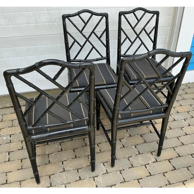 Set of 4 Vintage Black Laquer Chinese Chippendale Faux-Bamboo Dining Chairs For Sale - Image 4 of 12