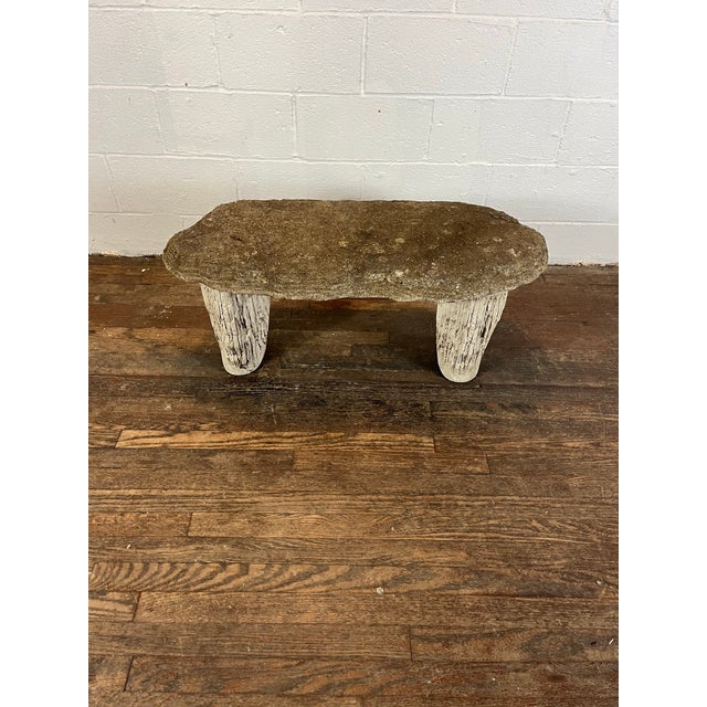 Lovely faux bois garden bench with cast stone or concrete slab seat and two cast base legs. 3 pieces in total. Nicely...