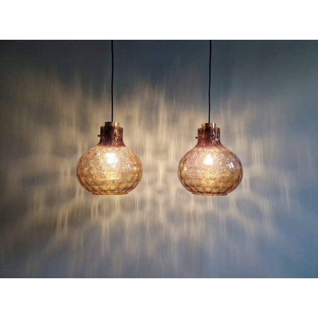 Brass and Smoked Blown Glass Pendant Lights from Glashütte Limburg, 1970, Set of 2 For Sale - Image 17 of 18