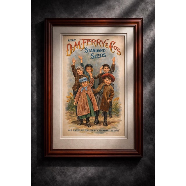 American Vintage-Style d.m. Ferry & Co. “All Hands Up for Ferry’s Standard Seeds” Advertising Print – Colonial Americana Garden Art For Sale - Image 3 of 4