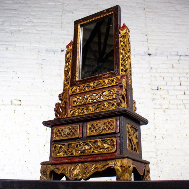 Late 19th to 20th Century Indonesian Maduran Tabletop Jewelry Case or Vanity Mirror W/Chest For Sale - Image 11 of 18