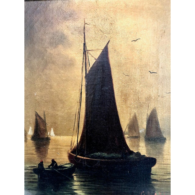 On offer is a classic 19th-century or early 20th-century marine painting that captures a serene, atmospheric scene of...