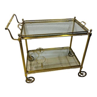 1940s Vintage French Polished Brass Bar Cart Attributed Maison Jansen For Sale