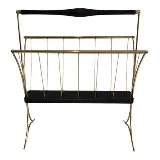 Circa 1950 Italian Blackened Wood and Brass Magazine Rack For Sale