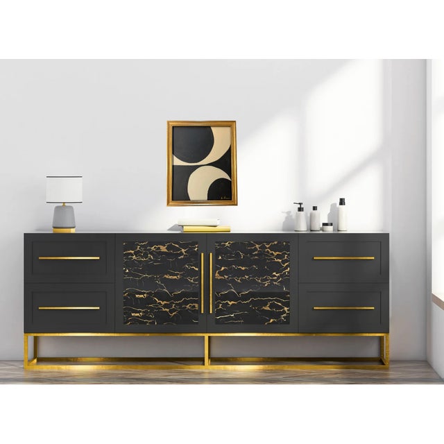 Bryan Boomershine, original abstract Mid-Century Inspired Painting in cream and black with a gold frame. This painting...