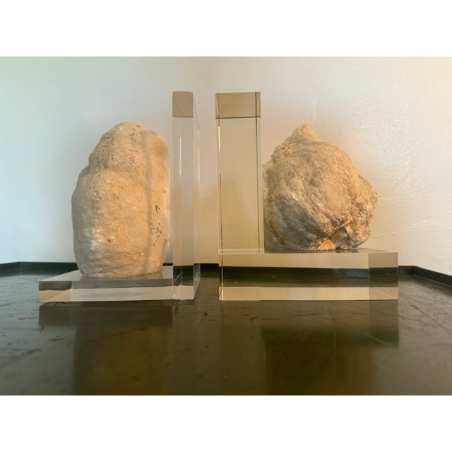 Organic geode on lucite bookends... a mismatched pair that look great together. Can be set front-facing... or rough...