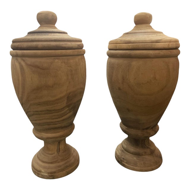 Hand-Turned Natural Wood Urns With Tiered Lids - Pair For Sale