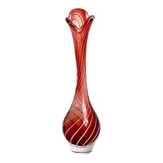 Reserved for Roberta Murano Style Glass Bud Vase, Hand Blown Cranberry With White Swirl Art Glass, 1970's For Sale