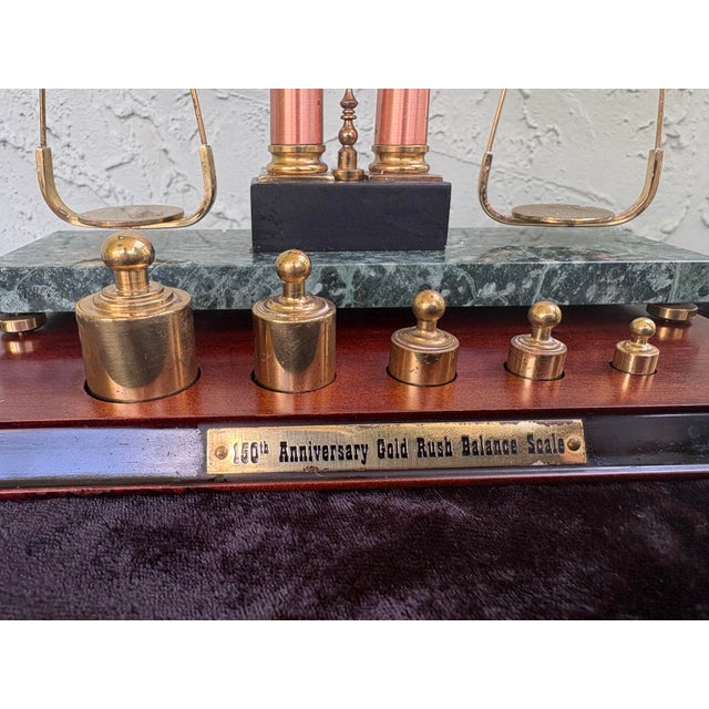 Late 20th Century Franklin Mint 150th Anniversary Gold Rush Brass Balance Scale With Marble Base & Weights For Sale - Image 5 of 12