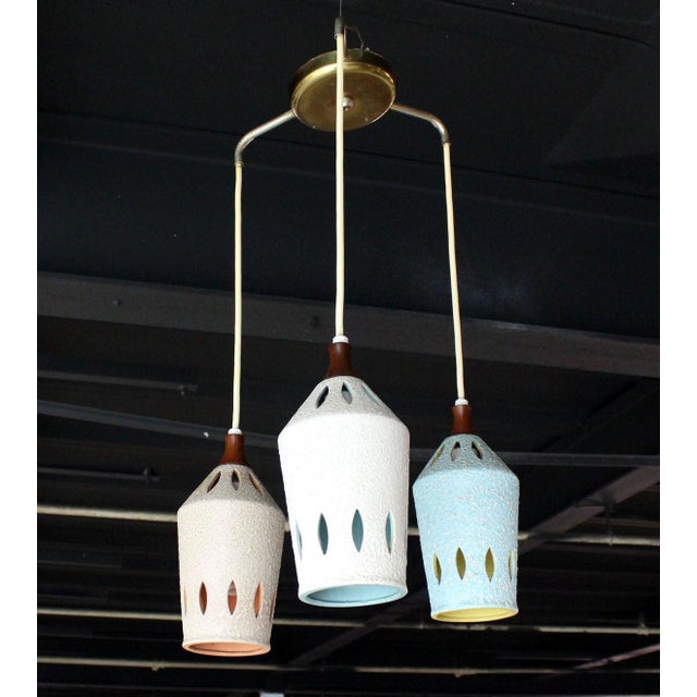 Metal Triple Colored Glazed Pierced Pottery Ceramic Shades Pendant Light Fixture For Sale - Image 7 of 7