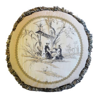 Italian Scalamandre Toile Chinoiserie Feather/Down Pillow 20" Round For Sale