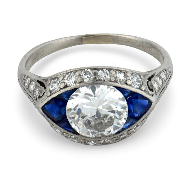 Modern Early 20th Century Art Deco Inspired 1.25 Carat Diamond Sapphire Platinum Engagement Ring, Size 5.75 For Sale - Image 3 of 6