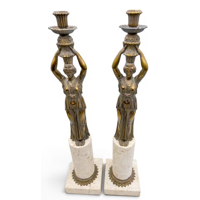 Neoclassical Mid 20th Century Pair of 24-Inch Neoclassical Bronze Caryatid and Limestone Candlesticks For Sale - Image 3 of 12