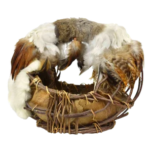 Late 20th Century Handmade Birch Bark Basket Decorated With Furs and Feathers