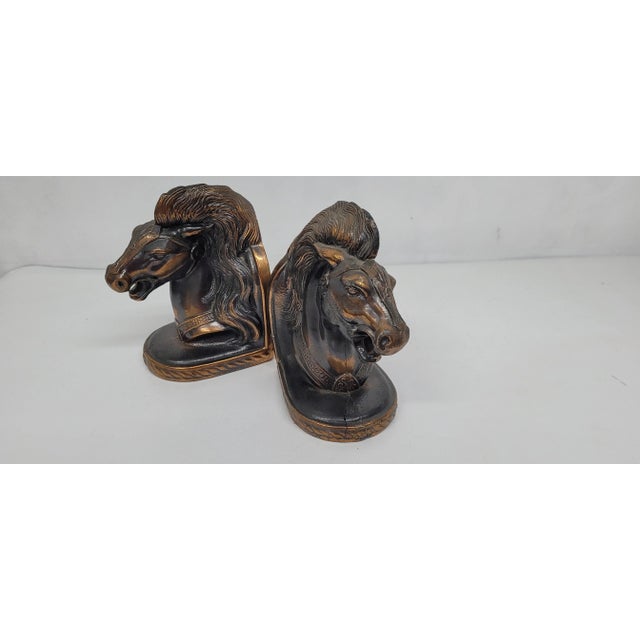 1940s Art Deco Bronze Plated Horse Bookends Vintage Trojan Horse Head Bust - Set of 2 For Sale - Image 4 of 10