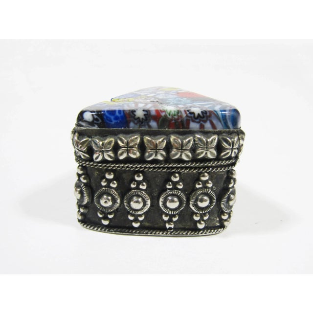Vintage Murano Style Millefiori Art Glass Silver Metal Trinket / Pill Box #2 Lovely triangle-shaped silver tone metal...