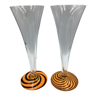 Carlo Moretti Signed Pour Le Grande Dame Murano Champagne Flutes - Set of 2 For Sale