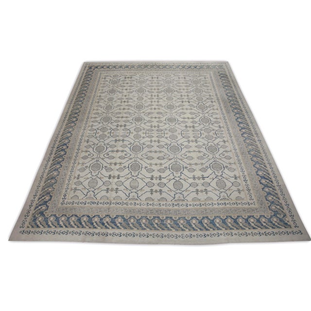 Early 21st Century Cream & Blue Geometric Design Handwoven Wool Turkish Oushak Rug 12' X 14'6" For Sale In Houston - Image 6 of 8