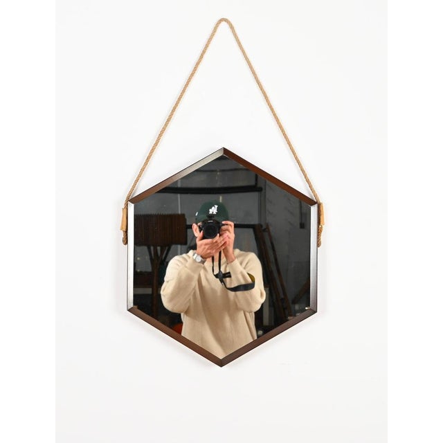 Mid-Century Hexagonal Mirror in Teak and Leather attributed to Campo & Graffi, Italy, 1960s For Sale - Image 13 of 15