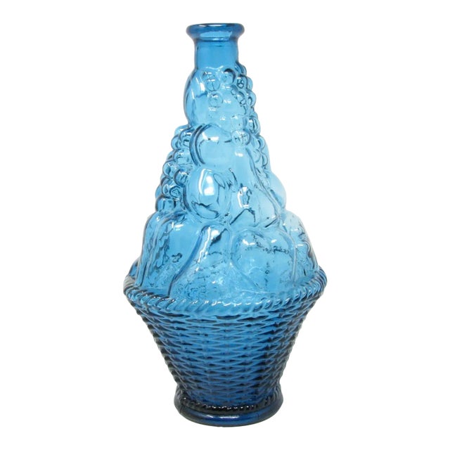 Vintage Italian Empoli Turquoise Glass Fruit Basket Topiary Shaped Bottle Made in Italy For Sale