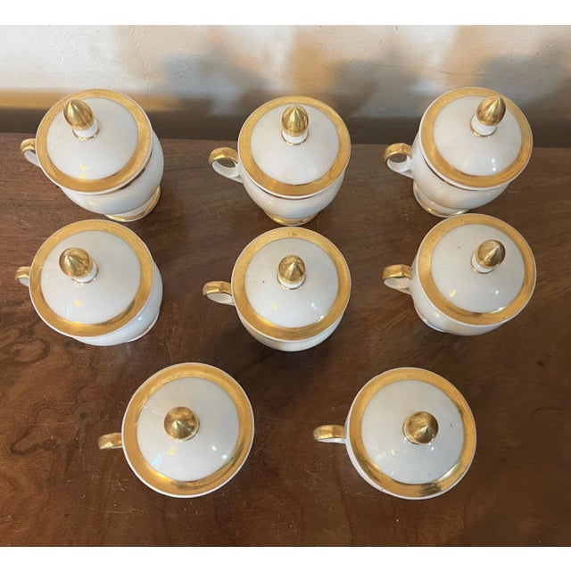 Gold Antique 19th Century French Empire Old Paris Porcelain Pot De Creme or Handled Cups and Covers in White With Gold Bands 1800- Set of 8 For Sale - Image 8 of 12