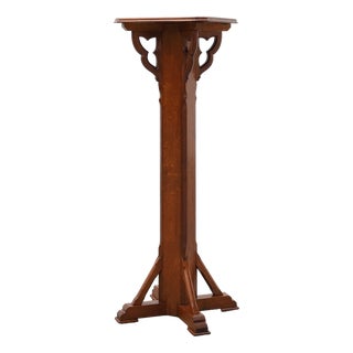 Art Deco Oak Pedestal with Pierced Brackets and Cross Base, Belgium, 1920s For Sale