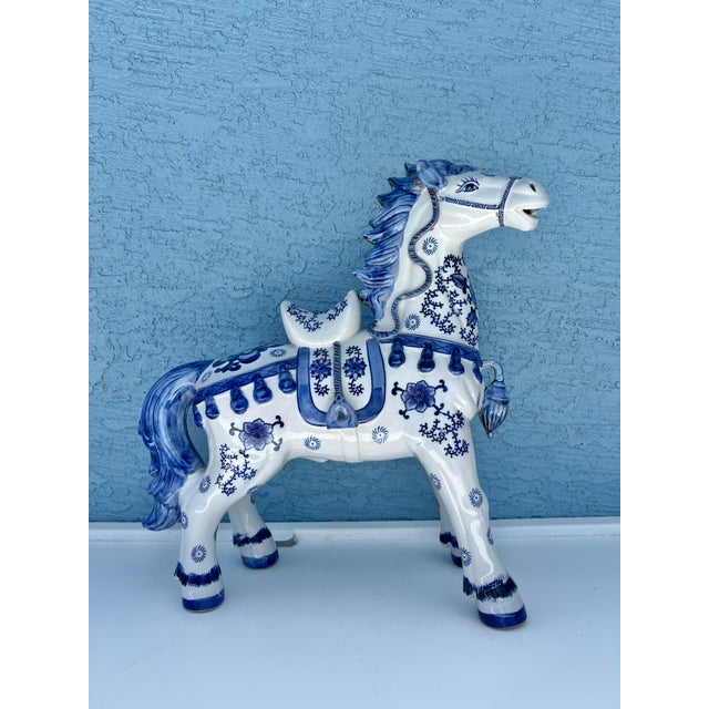 Vintage Blue & White Ceramic Tang Dynasty War Horse For Sale - Image 4 of 12