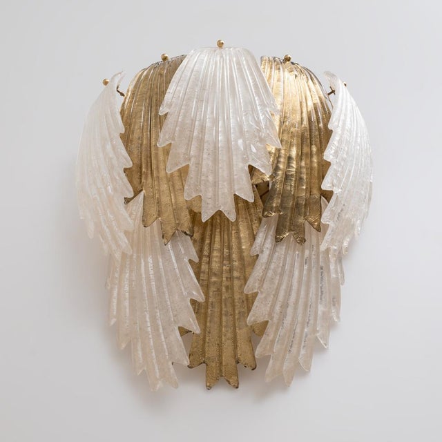 Art Deco Italian Murano Glass and Brass Leaf Wall Sconce, 2000s, Set of 2 For Sale - Image 6 of 11