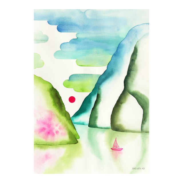 Rainbowland Inlet - Abstract Colorful Dreamy Landscape Watercolor Painting Original Artwork by Xiao Wen Xu For Sale