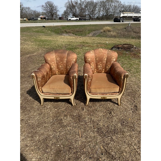 Classic pair of French Art Deco Solid Mahogany Club Chairs. The wood has the original French paint from the period and...