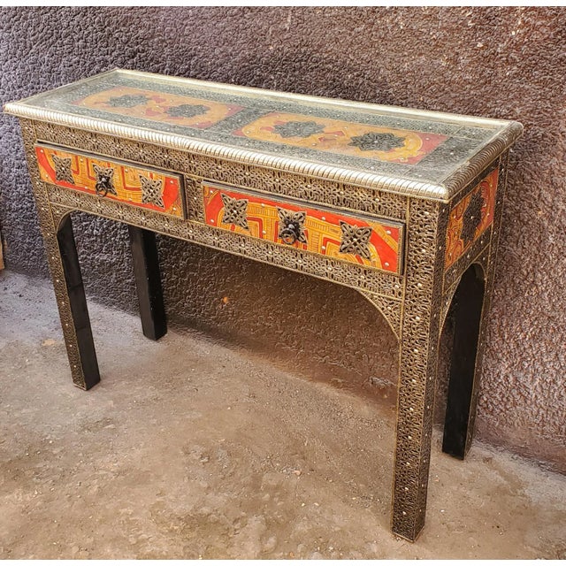 Moroccan Moroccan Cedar Wood Frame Metal Inlay Console Table For Sale - Image 3 of 7